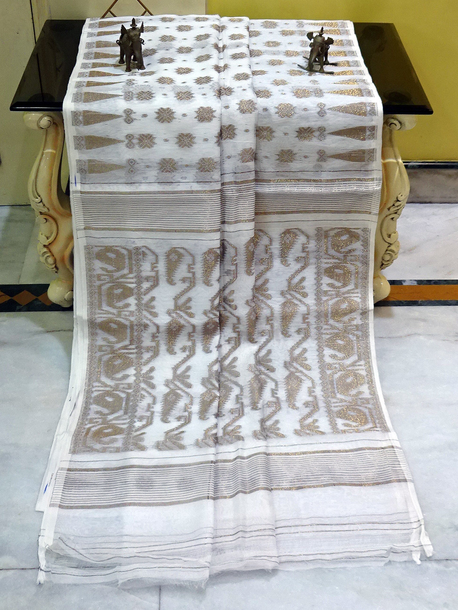 Soft Dhakai Jamdani Saree in White and Antique Gold