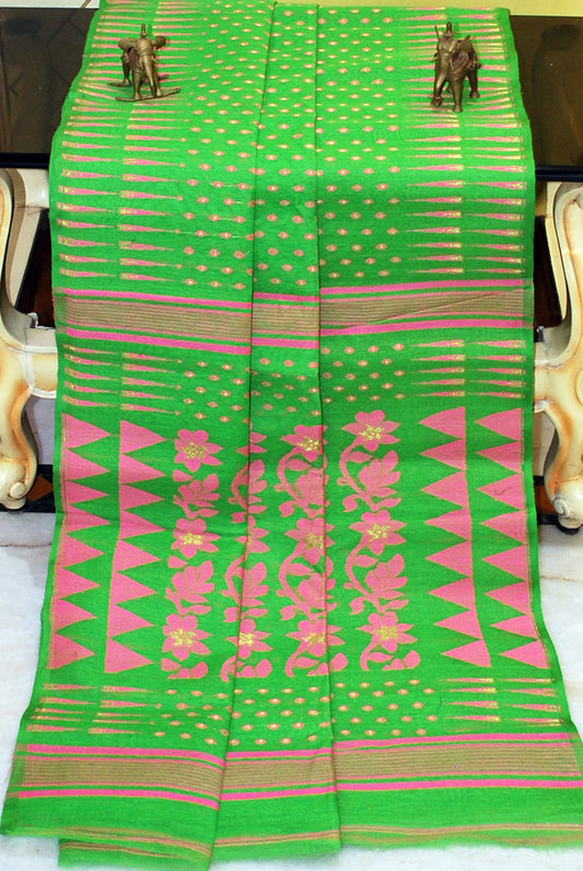 Hand Woven Cotton Muslin Hazar Buti Jamdani Saree in Green, Pink and Gold