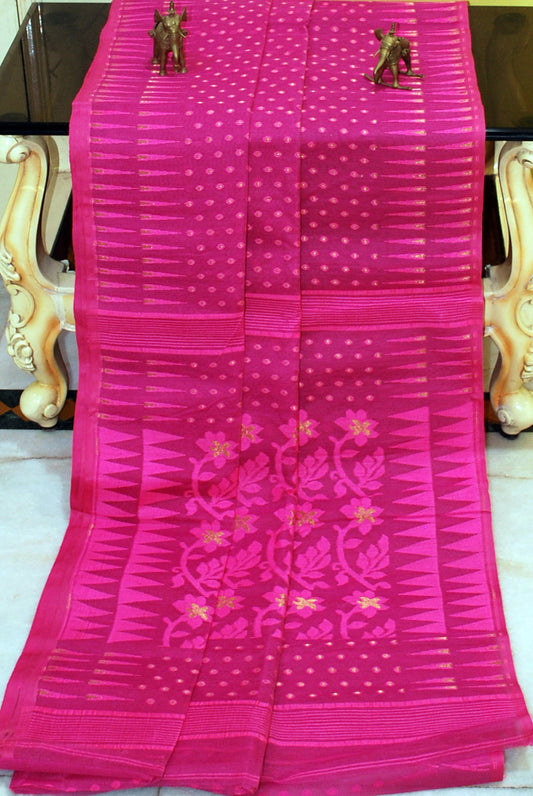 Hand Woven Cotton Muslin Hazar Buti Jamdani Saree in Hot Pink and Gold