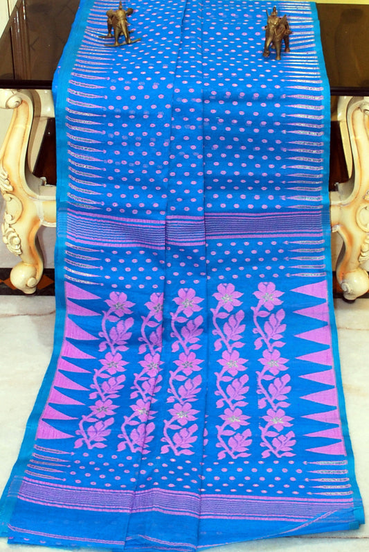 Hand Woven Cotton Muslin Hazar Buti Jamdani Saree in Azure Blue, Pink and Gold