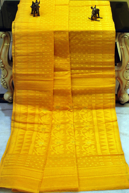 Hand Woven Cotton Muslin Hazar Buti Jamdani Saree in Yellow and Gold