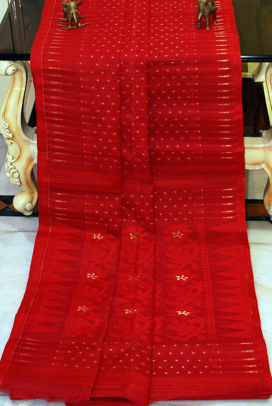 Hand Woven Cotton Muslin Hazar Buti Jamdani Saree in Red and Gold