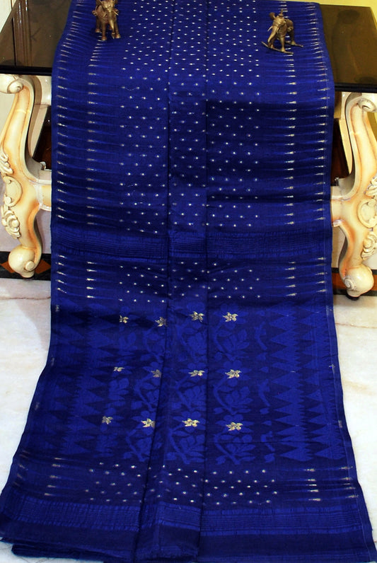 Hand Woven Cotton Muslin Hazar Buti Jamdani Saree in Navy Blue and Gold