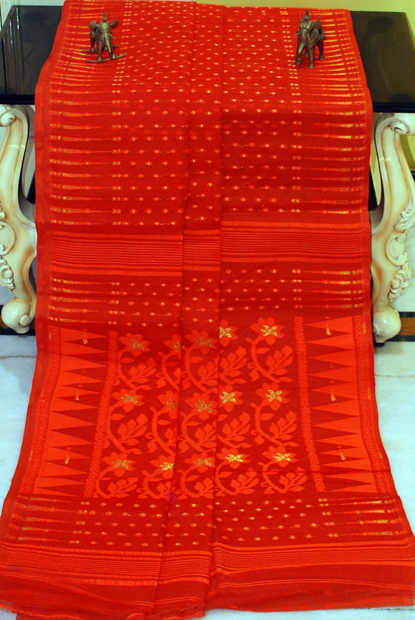 Hand Woven Cotton Muslin Hazar Buti Jamdani Saree in Orange and Gold