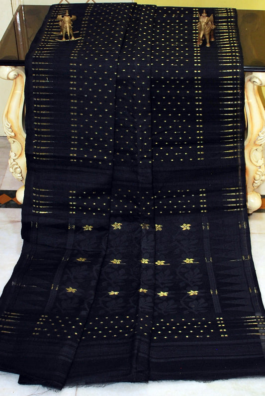 Hand Woven Cotton Muslin Hazar Buti Jamdani Saree in Black and Gold