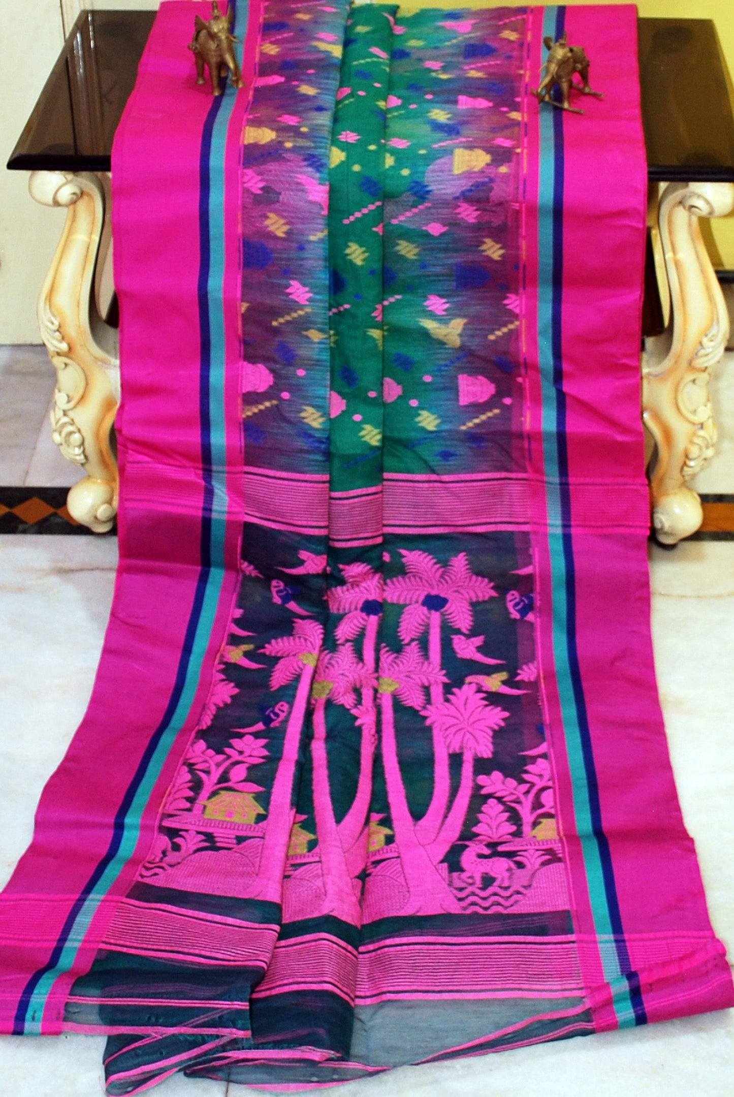 Metro Kotki Border Cotton Muslin Jamdani Saree in Green, Pink and Multicolored Thread Work