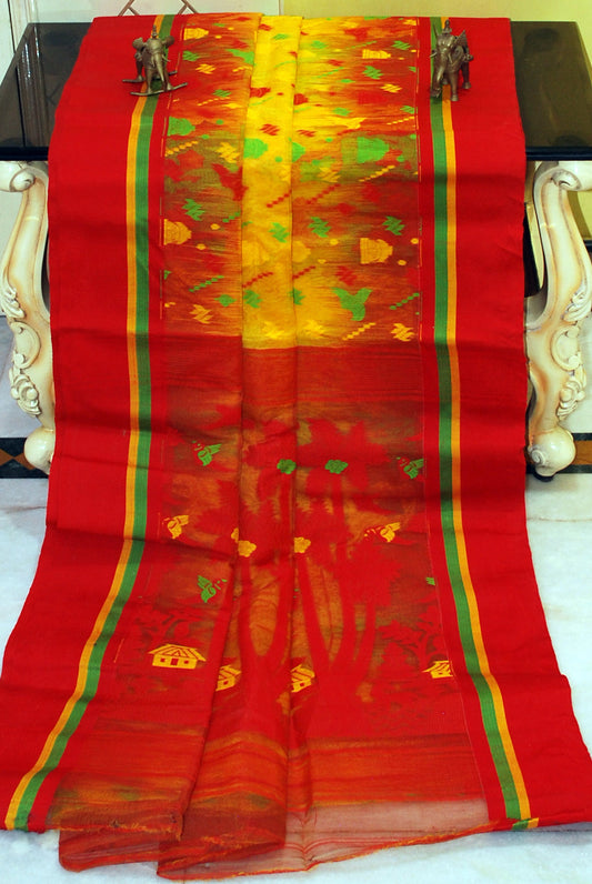 Metro Kotki Border Cotton Muslin Jamdani Saree in Bright Yellow, Red and Multicolored Thread Work