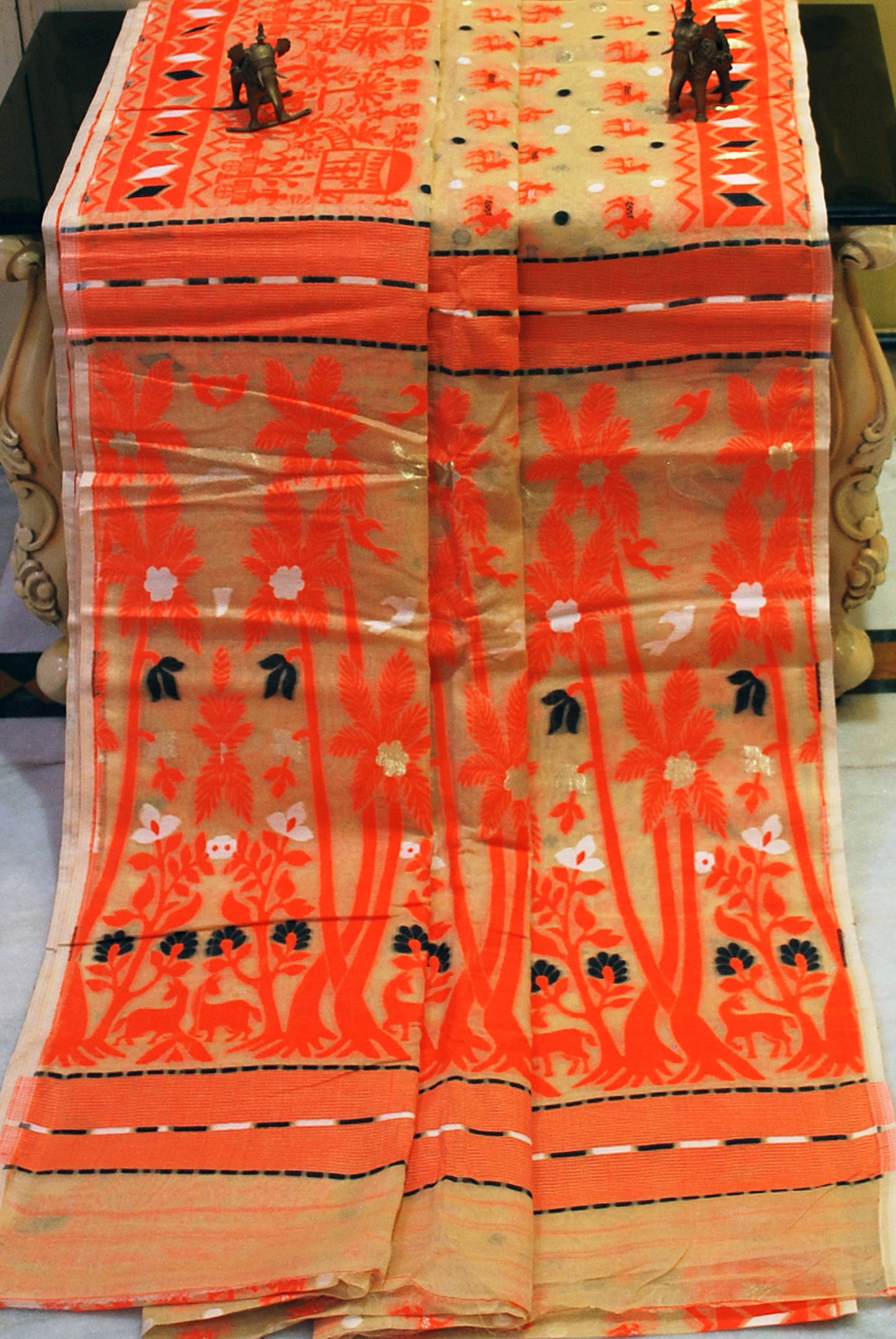 Traditional Cotton Muslin Jamdani Saree in Parmesan Cheese, Orange, White and Black