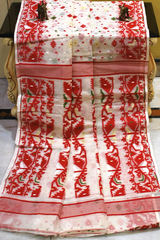 Traditional Cotton Muslin Jamdani Saree in White, Red, Green and Gold