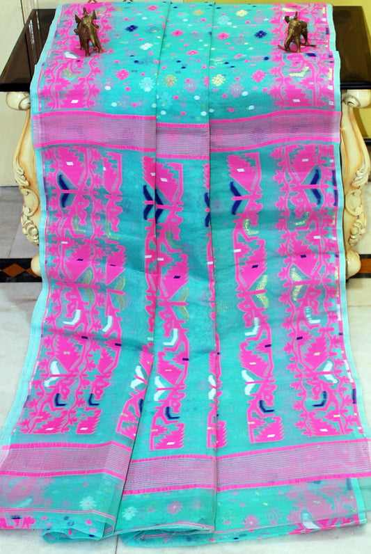 Traditional Cotton Muslin Jamdani Saree in Turquoise, Pink, Navy Blue and Gold
