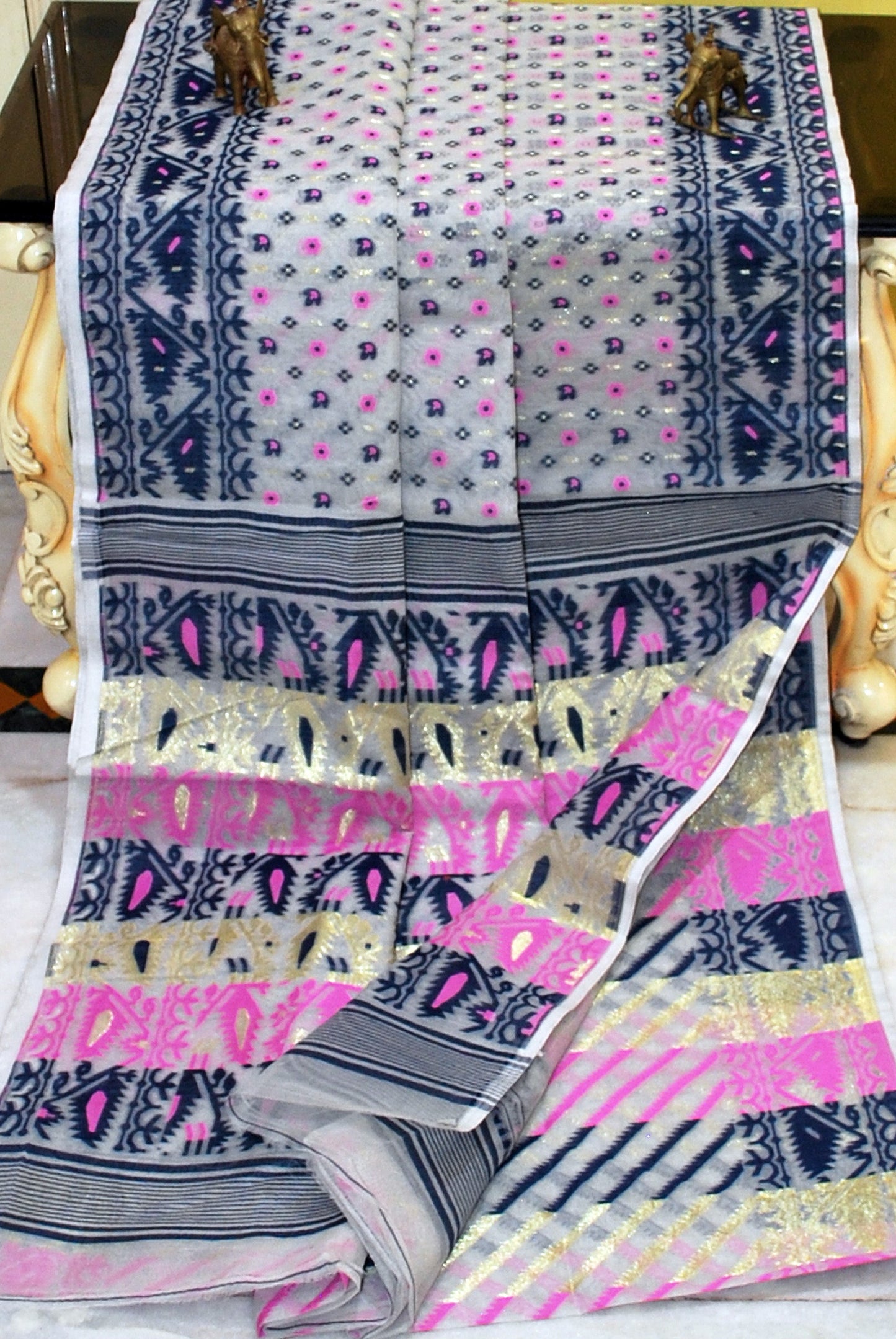 Patli Pallu Work Jamdani Saree in Light Grey, Midnight Blue, Purple and Gold Zari Work