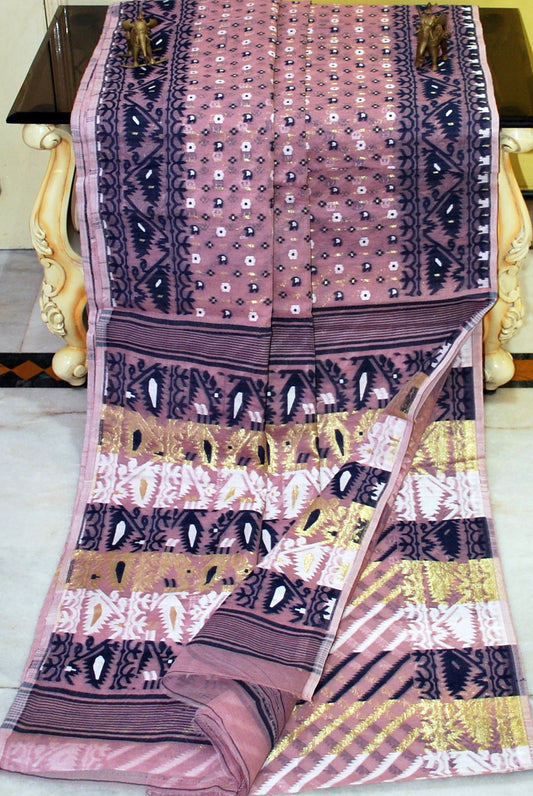 Patli Pallu Work Jamdani Saree in Light Grape, Midnight Blue, White and Gold Zari Work