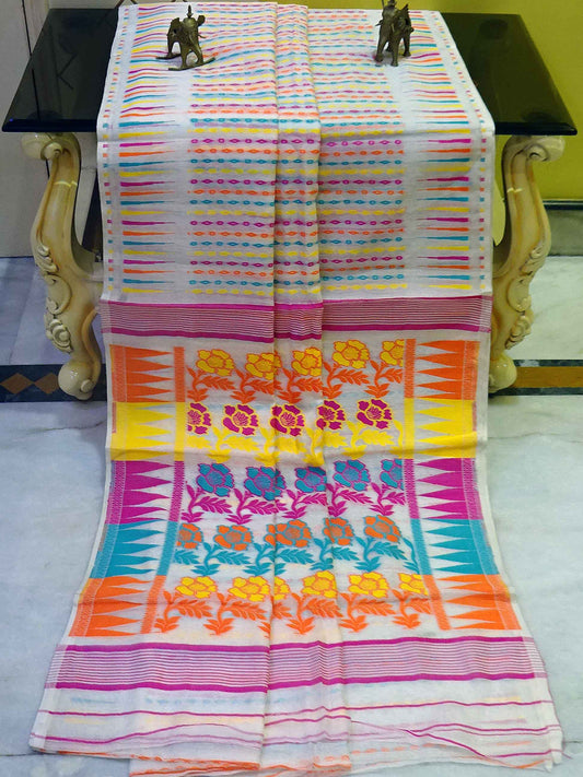 Handwoven Muslin Jamdani Saree in Off White and Multicolored Thread Work