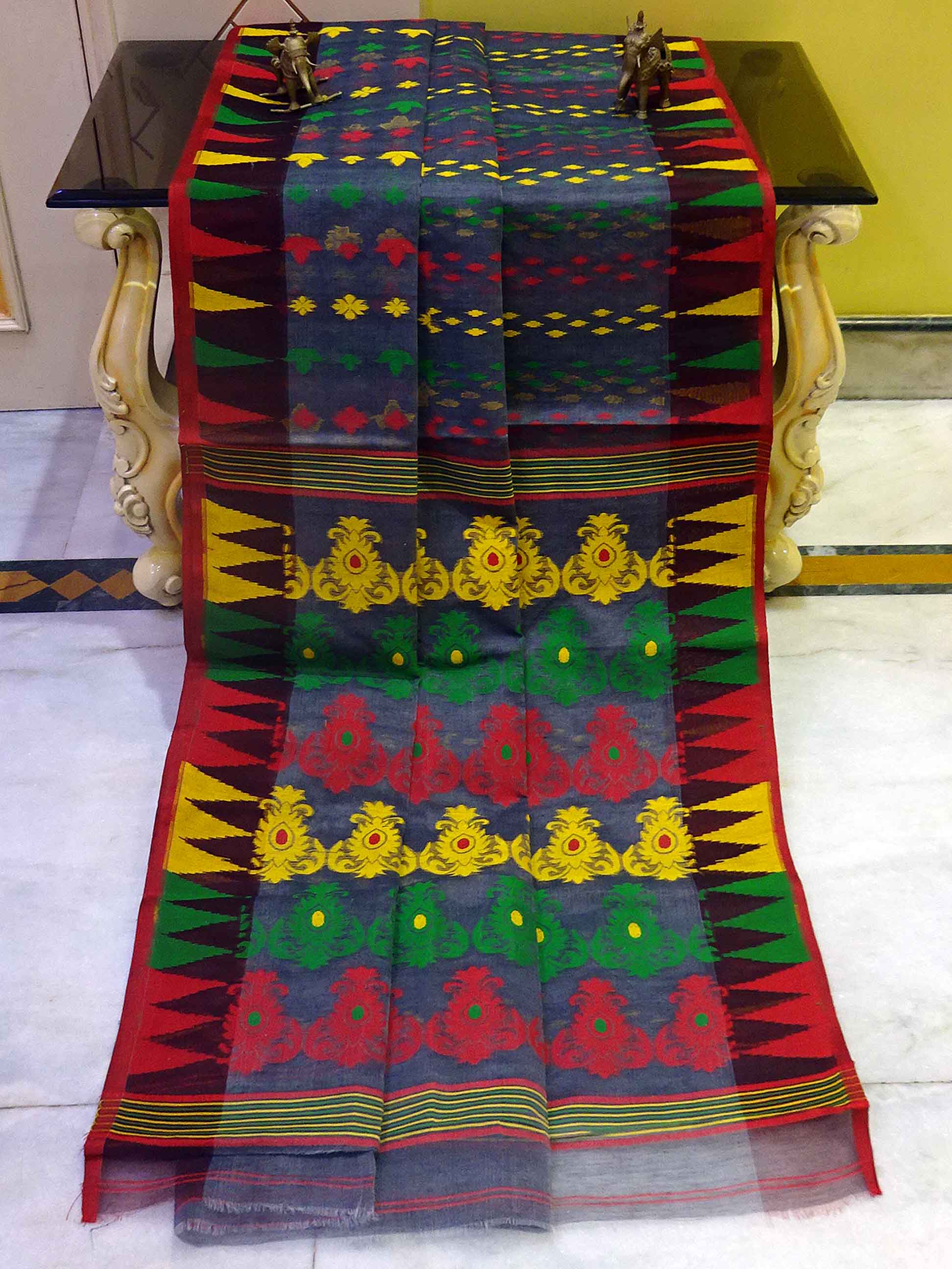 Handwoven Muslin Jamdani Saree in Dark Grey, Red, Yellow and Green