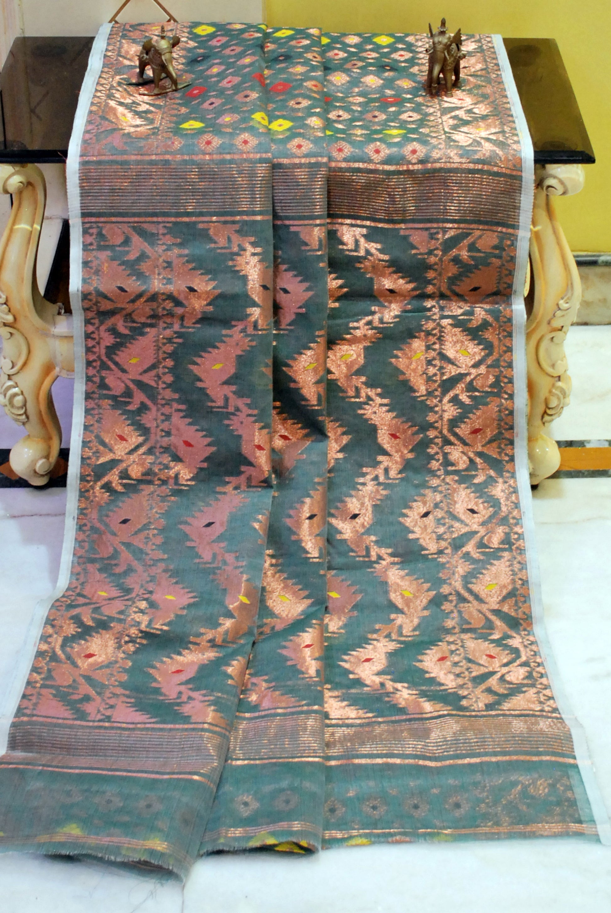 Exclusive Zari Dhakai Jamdani Saree in Hunter Green, Copper and Multicolored Meenakari Work