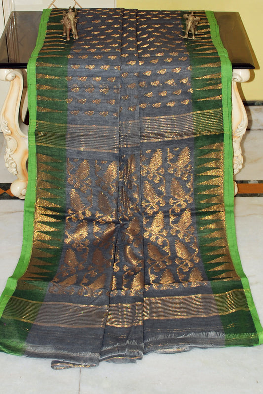 Soft Dhakai Jamdani Saree in Grey, Green and Antique Gold