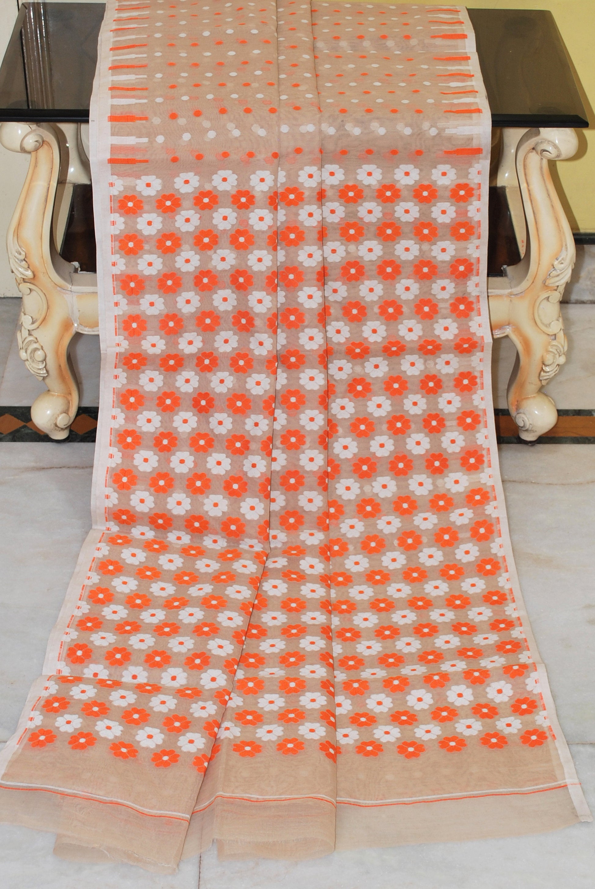 Woven Hazar Butti Work Jamdani Saree in Beige, Off White and Orange