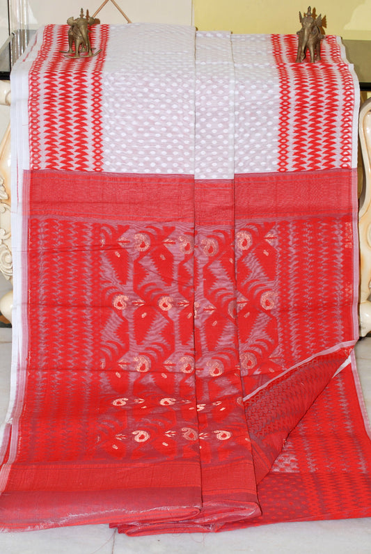 Hazar Butti Cotton Muslin Jamdani Saree with Contrast Patli Pallu work in White, Red and Golden