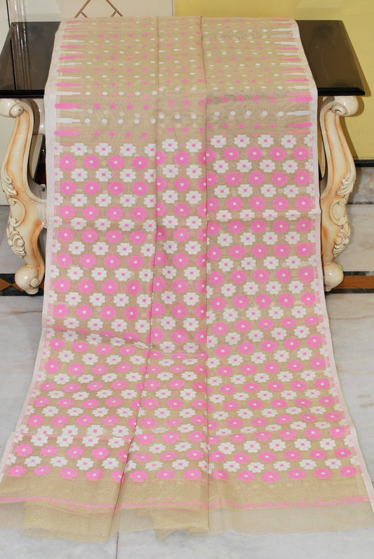 Woven Hazar Butti Work Jamdani Saree in Beige, Off White and Pink