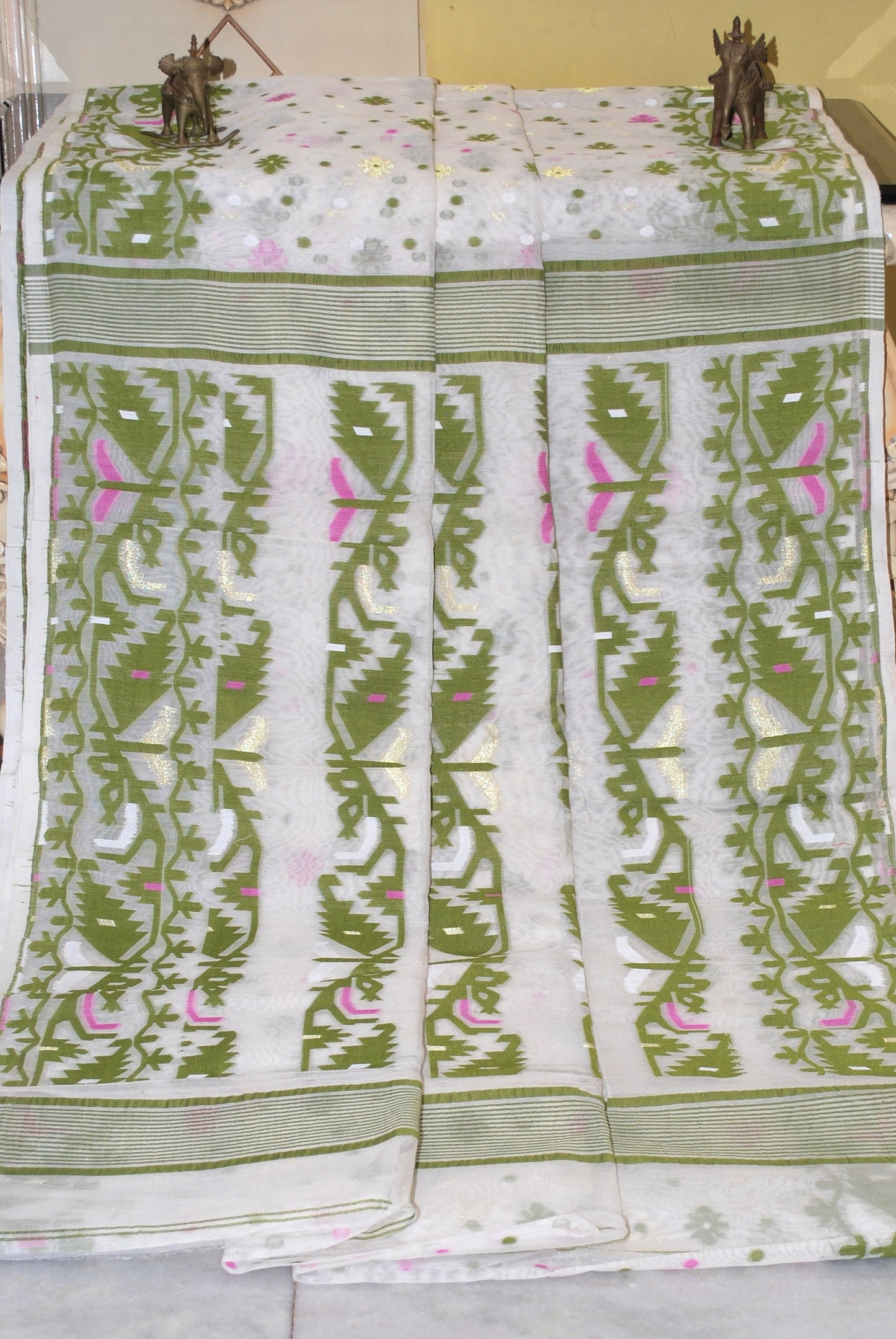 Traditional Cotton Muslin Jamdani Saree in White, Olive Green, Pink and Gold