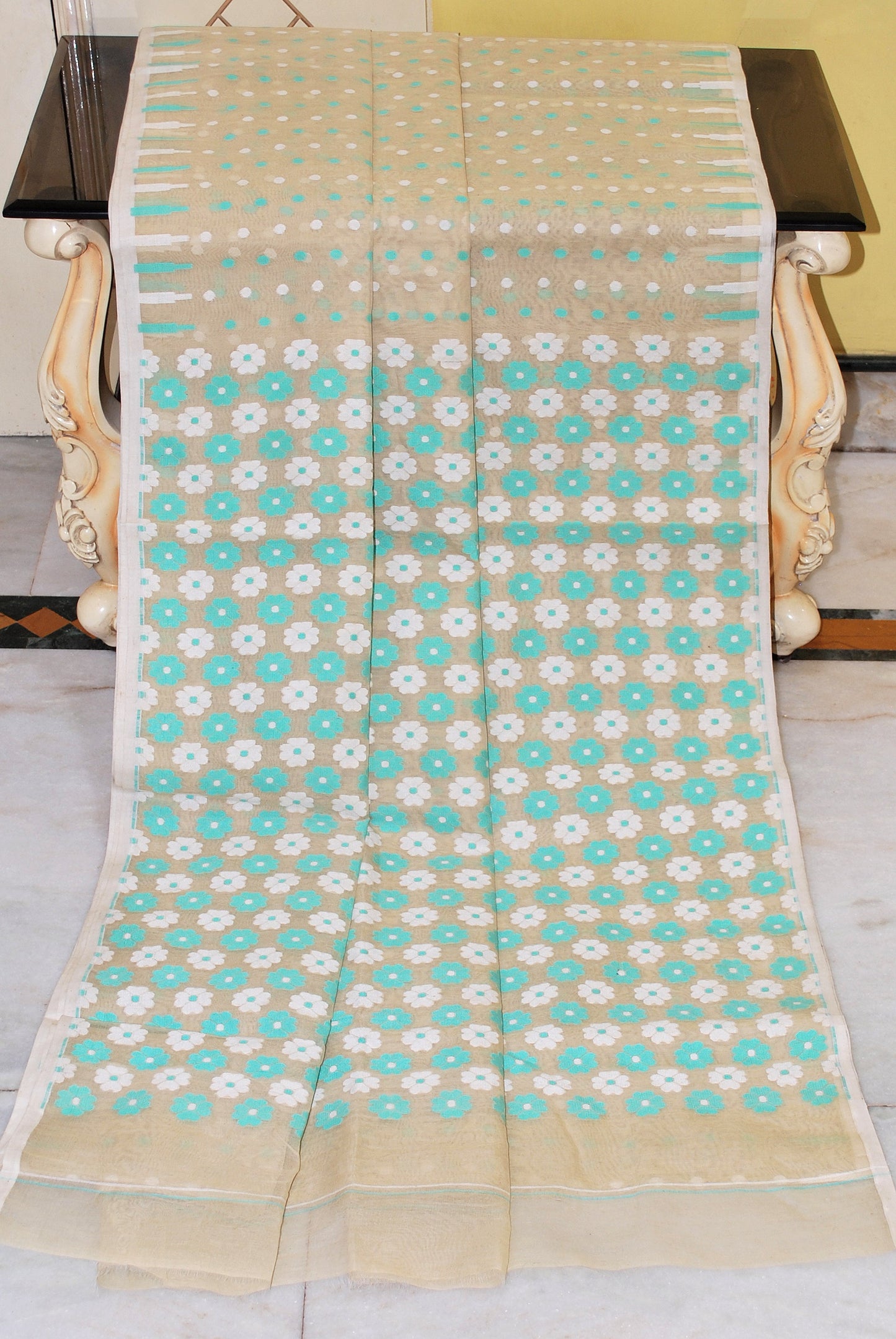 Woven Hazar Butti Work Jamdani Saree in Beige, Off White and Cyan Green