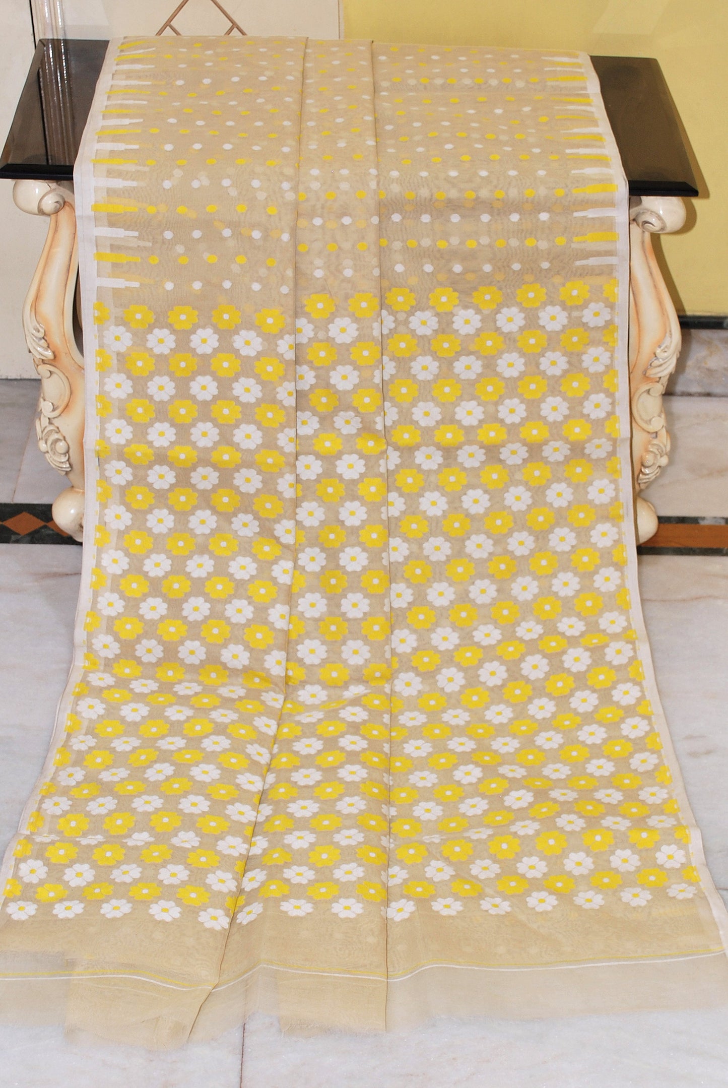 Woven Hazar Butti Work Jamdani Saree in Beige, Off White and Yellow