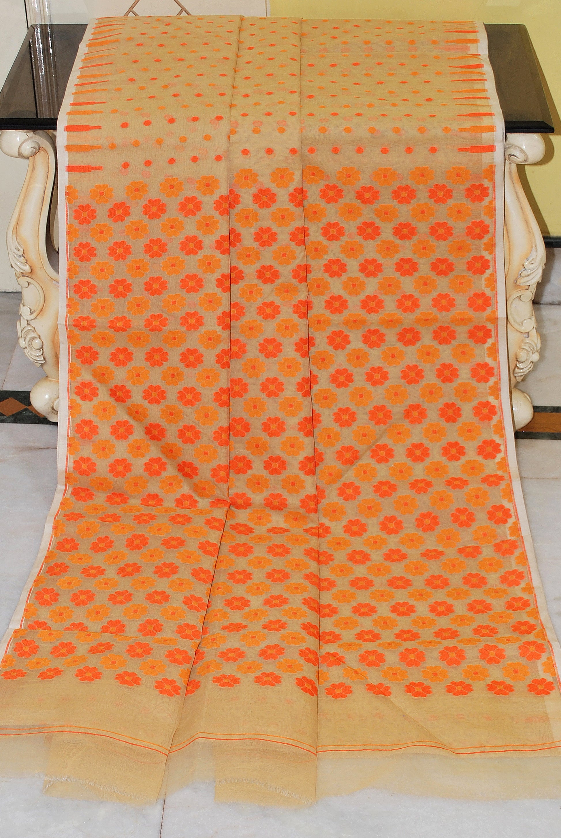 Woven Hazar Butti Work Jamdani Saree in Parmesan Cheese and Dual Tone Orange