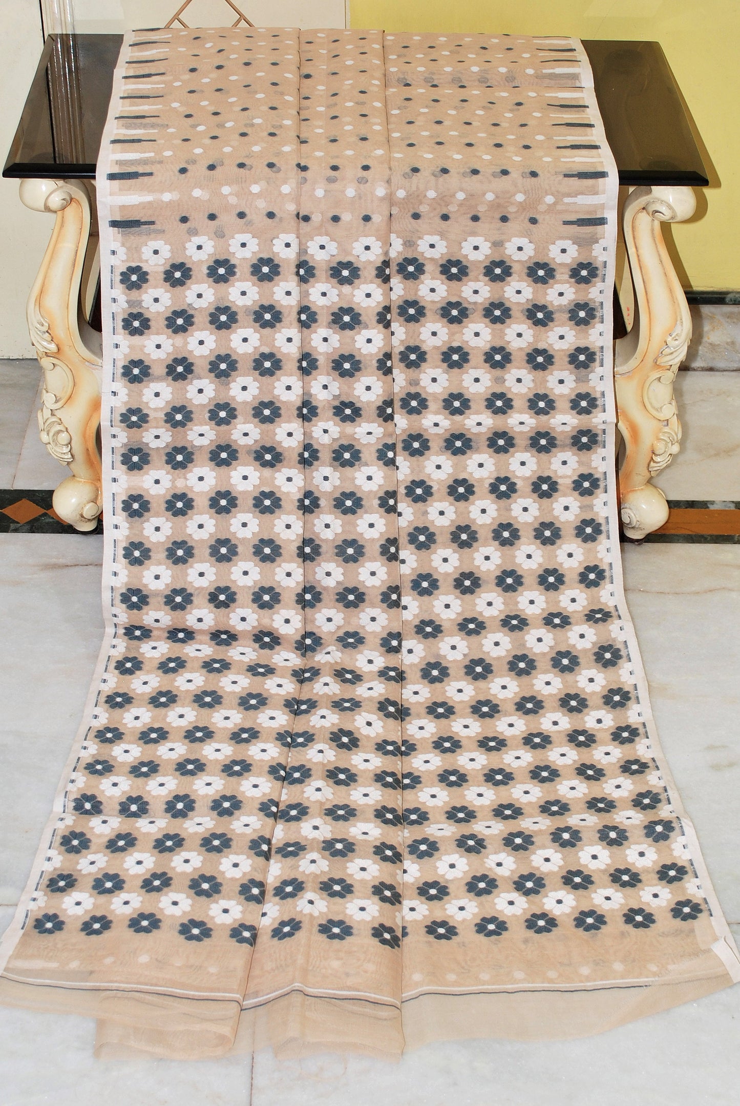 Woven Hazar Butti Work Jamdani Saree in Beige, Off White and Black