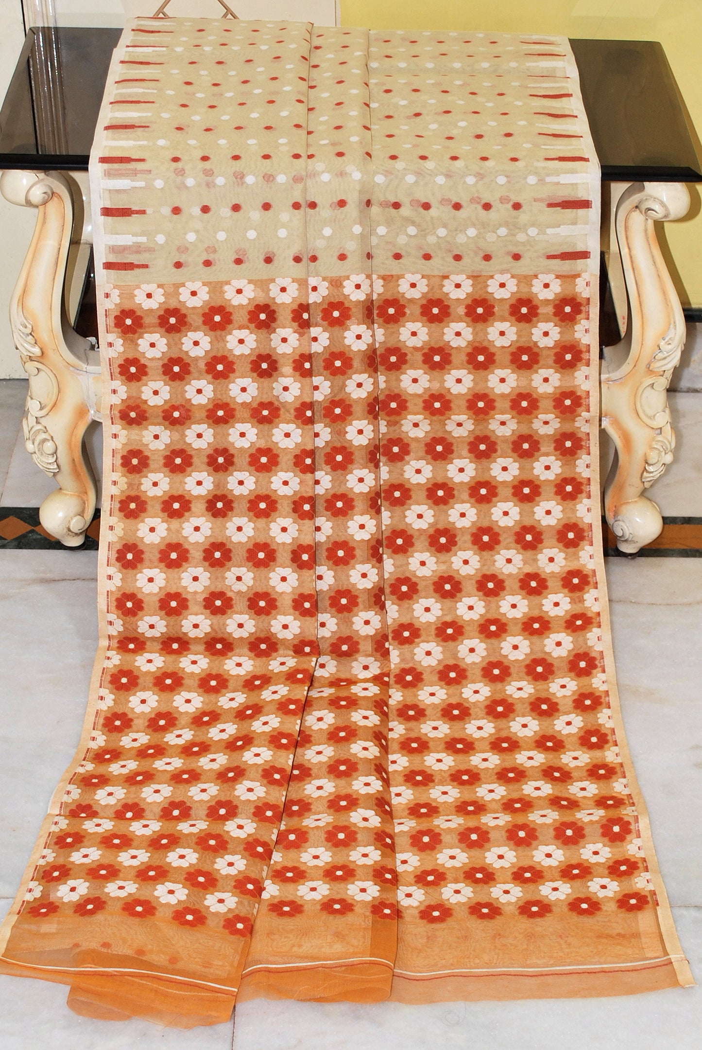 Woven Hazar Butti Work Jamdani Saree in Beige, Brick Red and Off White