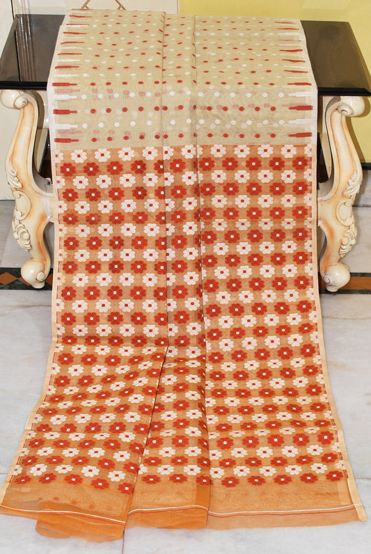 Woven Hazar Butti Work Jamdani Saree in Beige, Brick Red and Off White