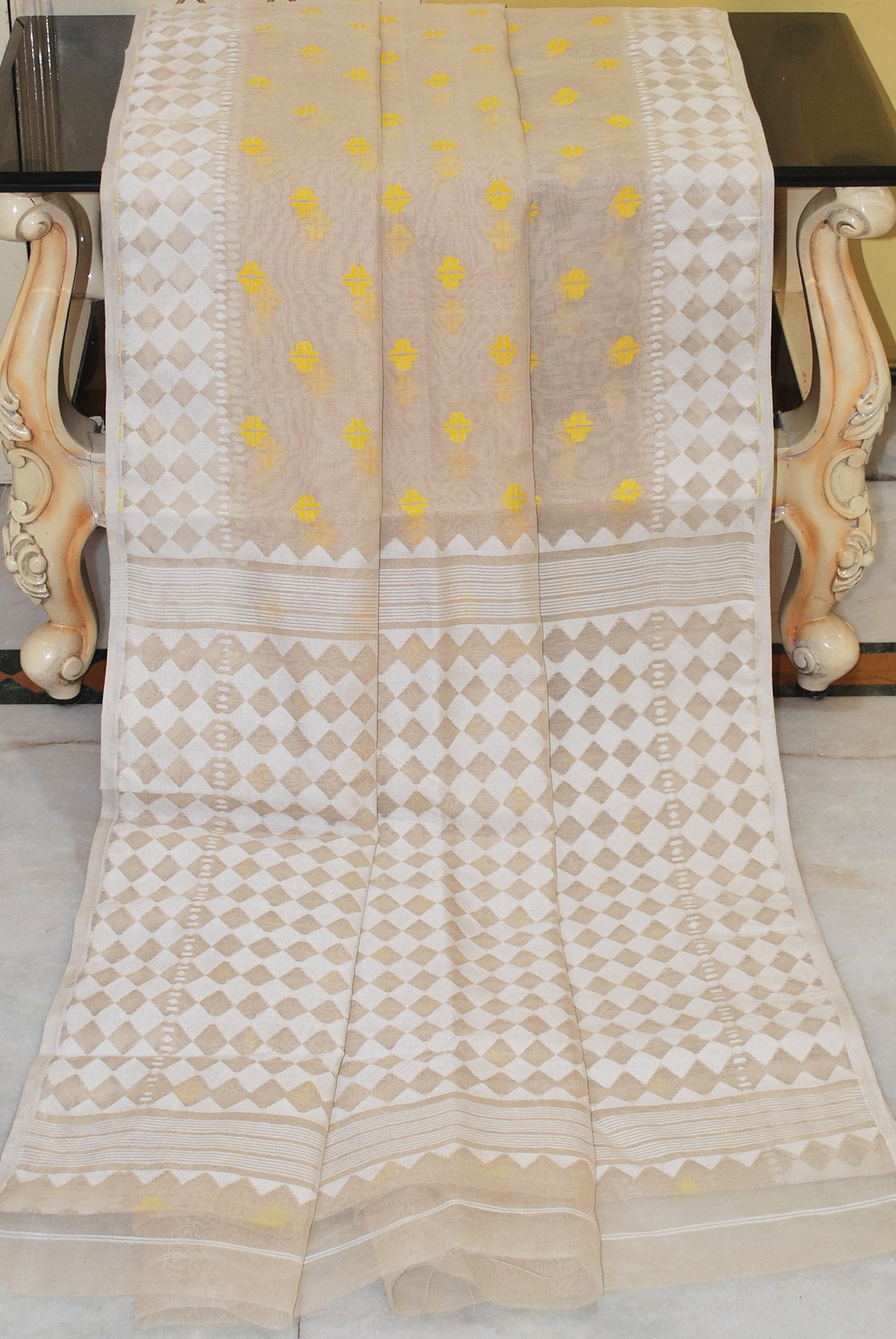 Handwoven Sholapuri Rhombus Work Jamdani Saree in Light Beige, Off White and Yellow