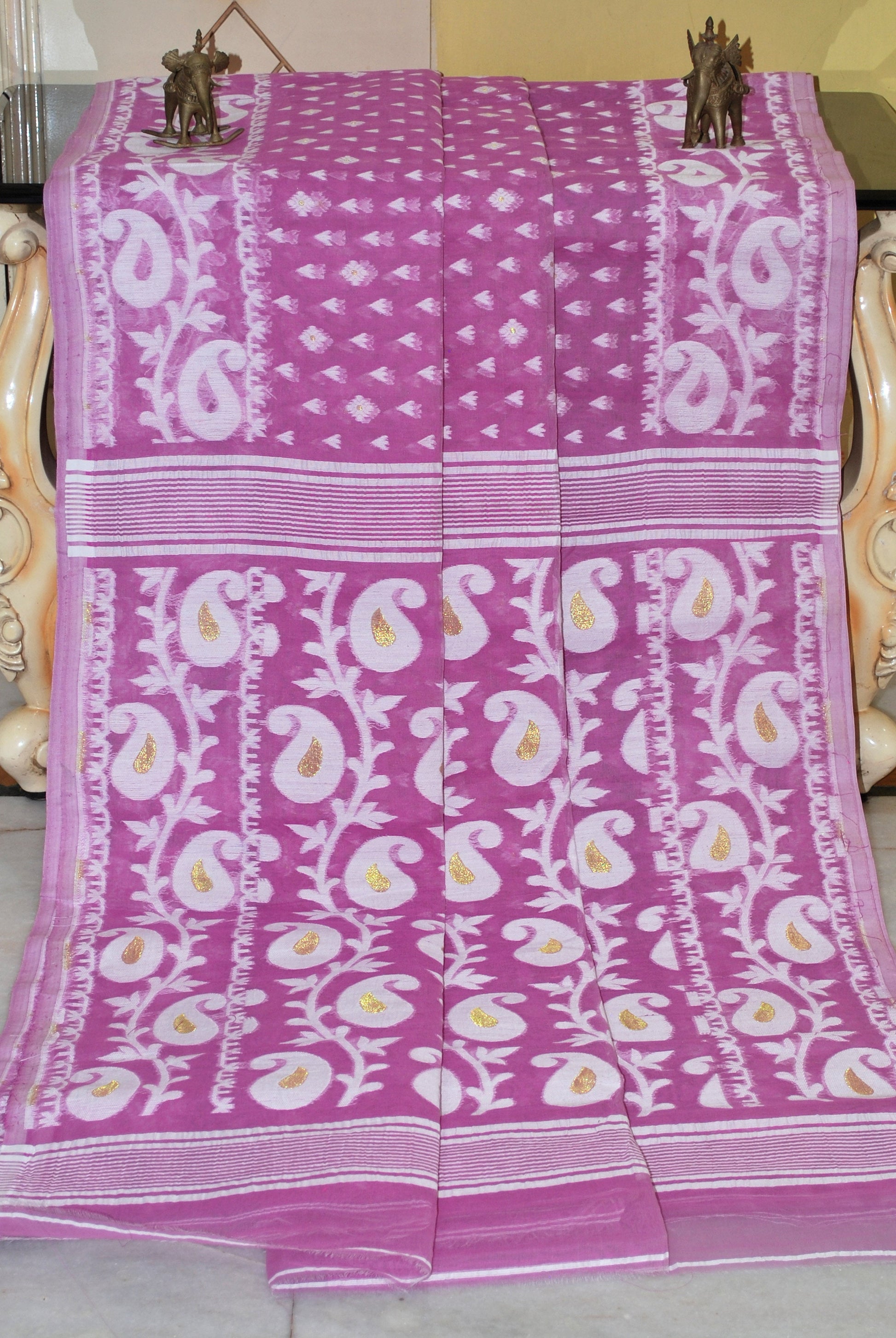 Paisley Woven Work Cotton Muslin Jamdani Saree in Magenta, Off White and Golden