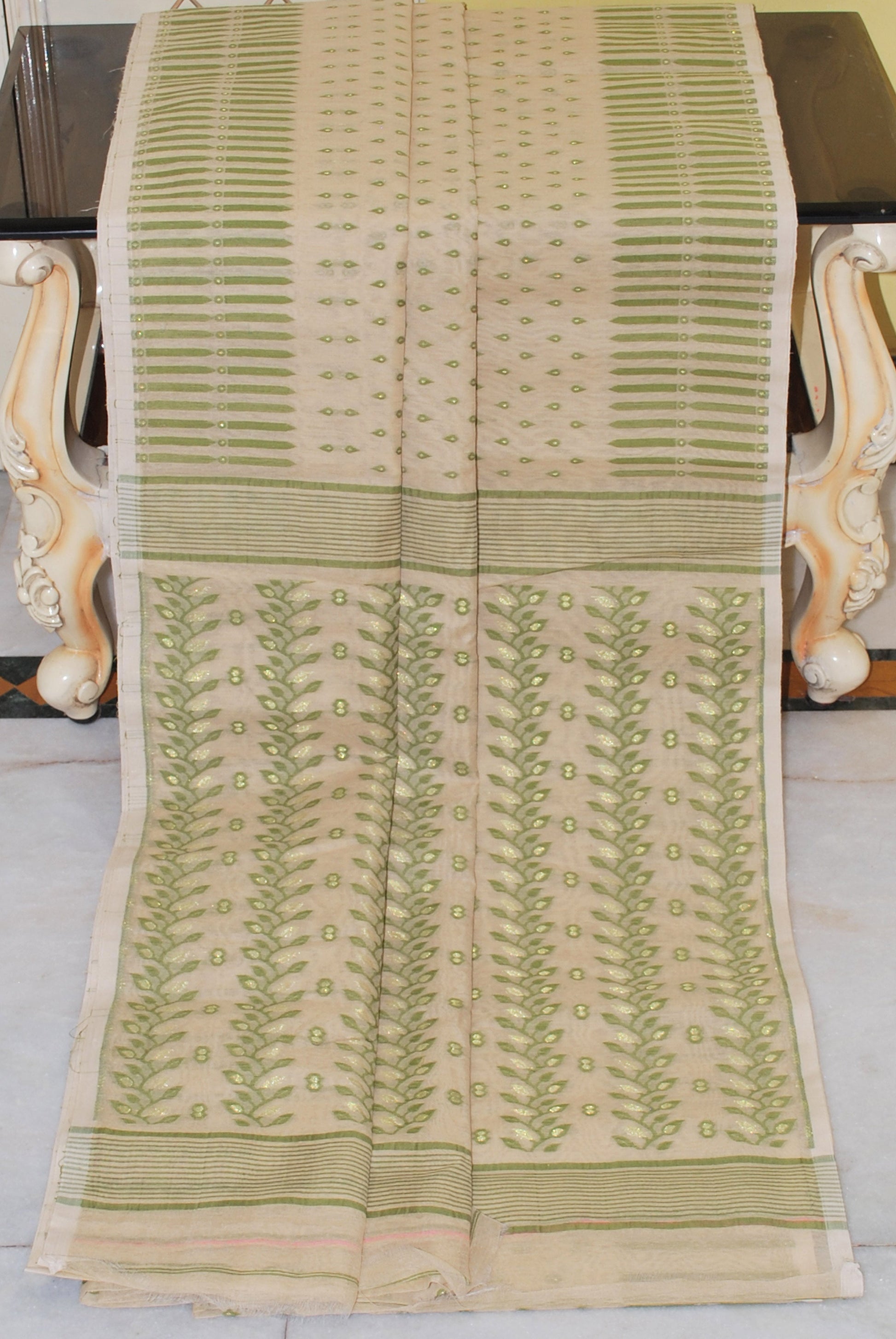 Hand Woven Cotton Muslin Hazar Buti Jamdani Saree in Beige, Olive Green and Golden