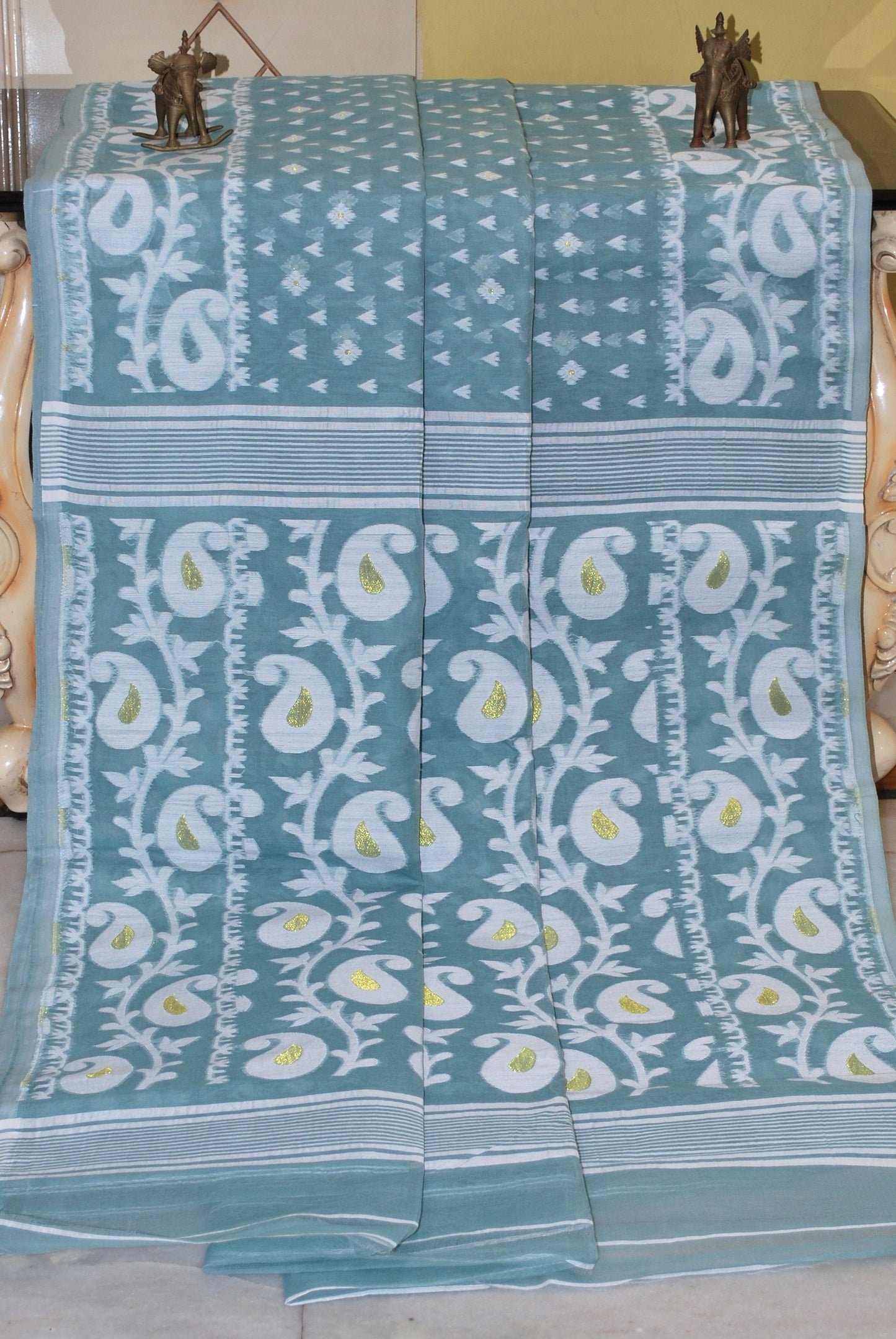 Paisley Woven Work Cotton Muslin Jamdani Saree in Robin Egg Blue, Off White and Golden