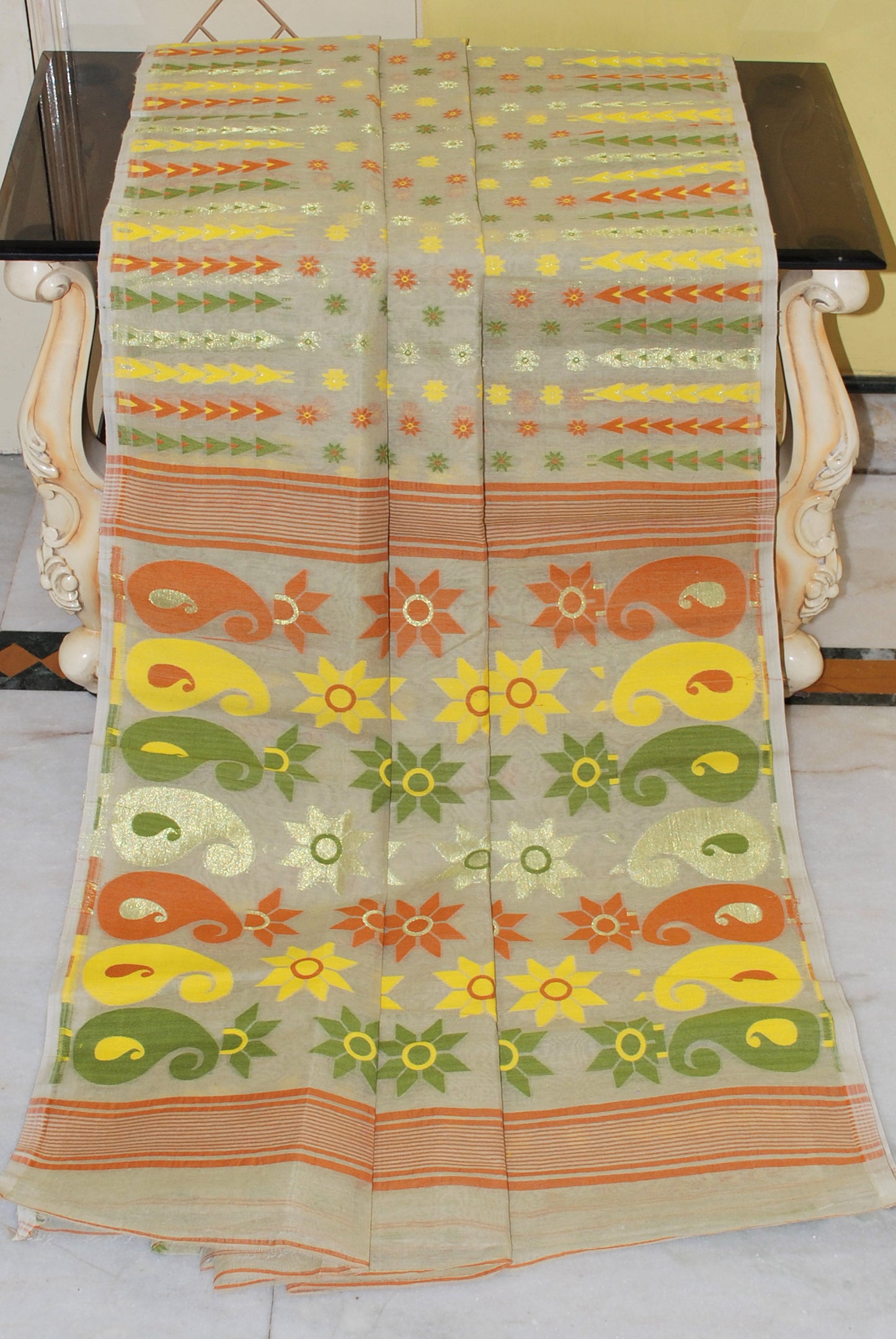 Cotton Muslin Jamdani Saree in Water Chestnut and Multicolored Thread Work