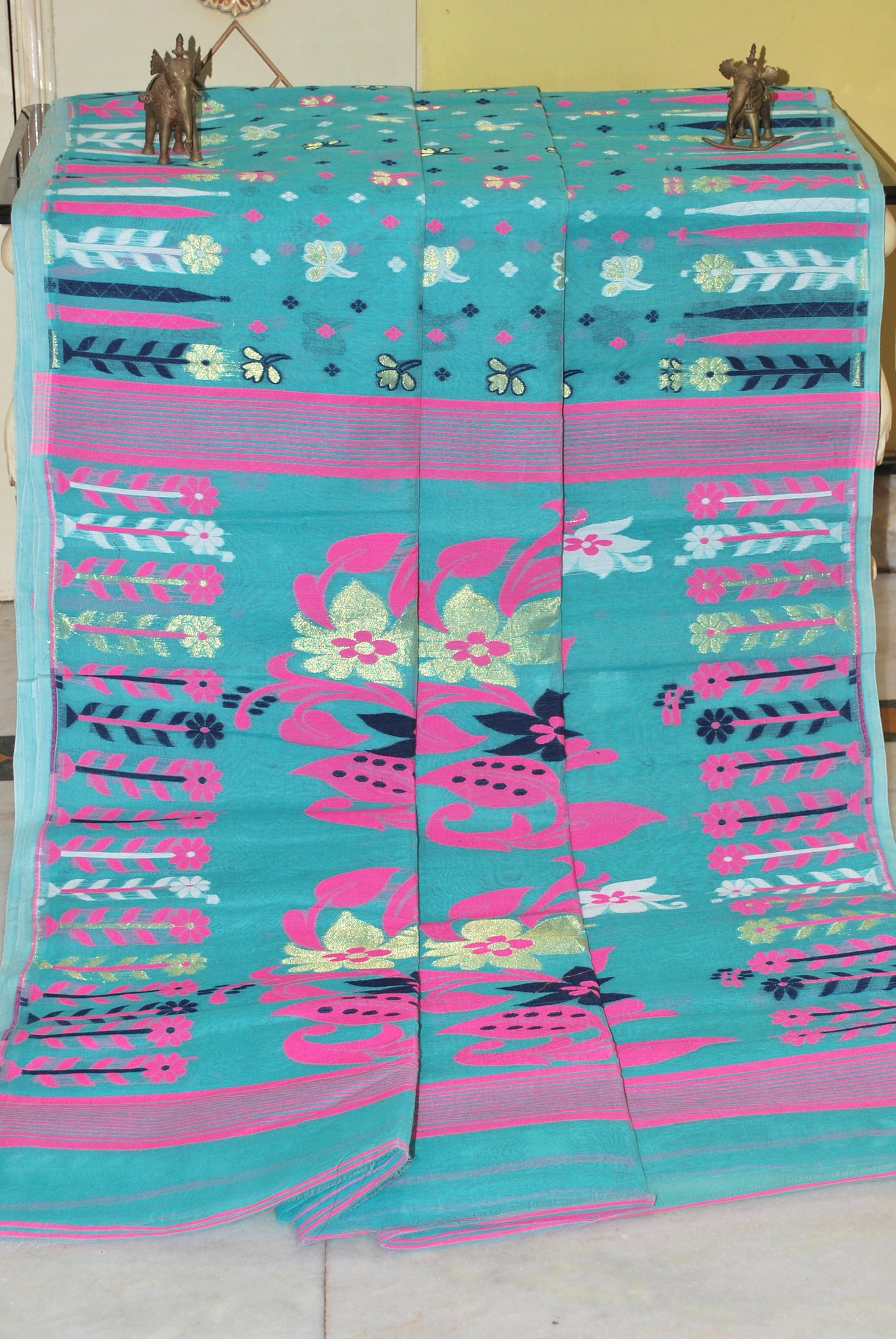 Cotton Muslin Jamdani Saree in Turquoise, Pink and Multicolored