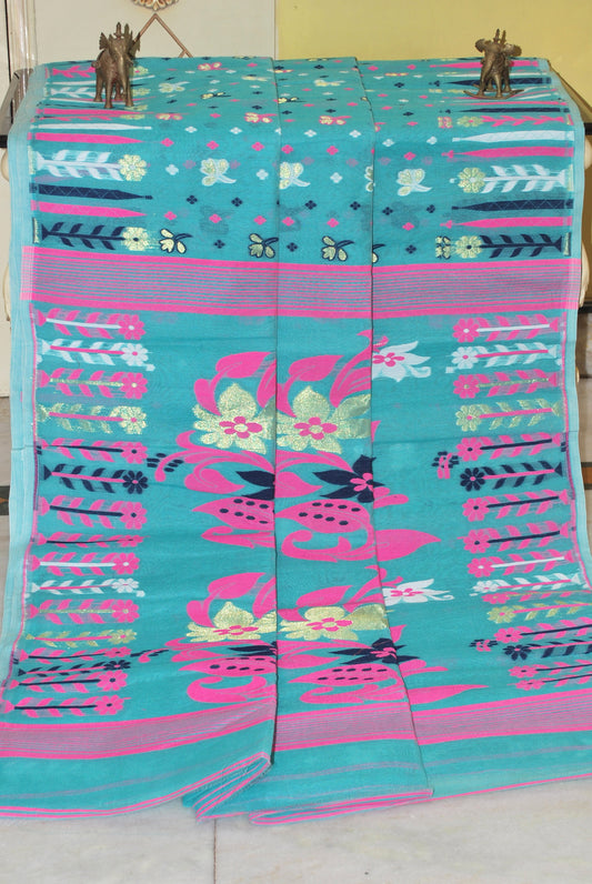 Cotton Muslin Jamdani Saree in Turquoise, Pink and Multicolored