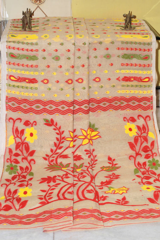 Cotton Muslin Jamdani Saree in Beige, Red and Multicolored