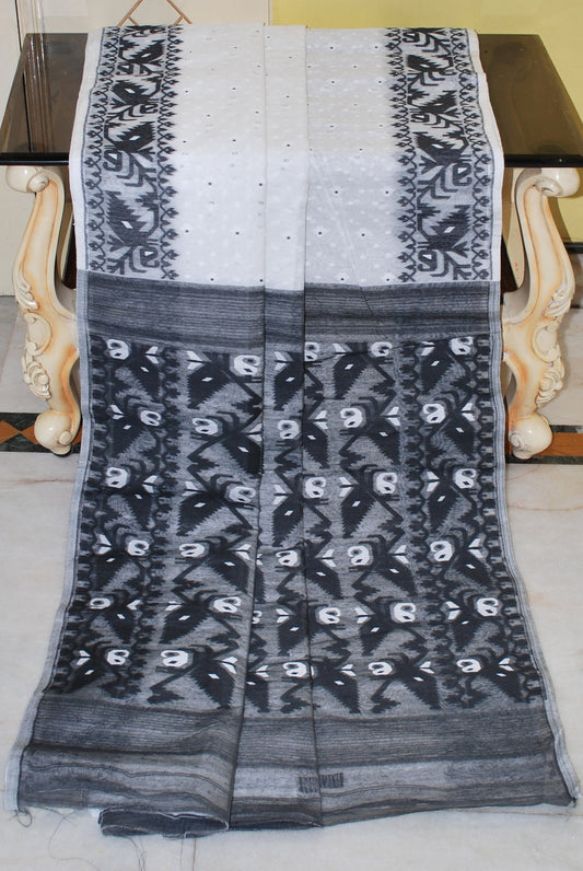 Sholapuri Contrast Hand Karat Nakshi Work Cotton Muslin Jamdani Saree in White and Black