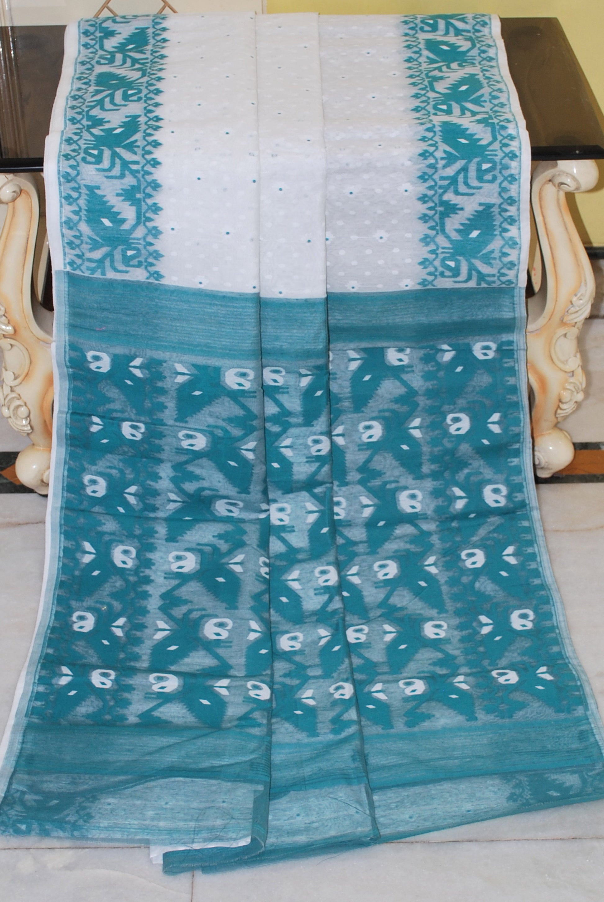 Sholapuri Contrast Hand Karat Nakshi Work Cotton Muslin Jamdani Saree in White and Teal Green