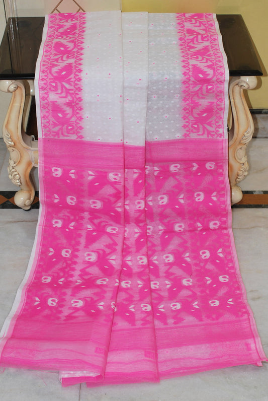 Sholapuri Contrast Hand Karat Nakshi Work Cotton Muslin Jamdani Saree in White and Pink