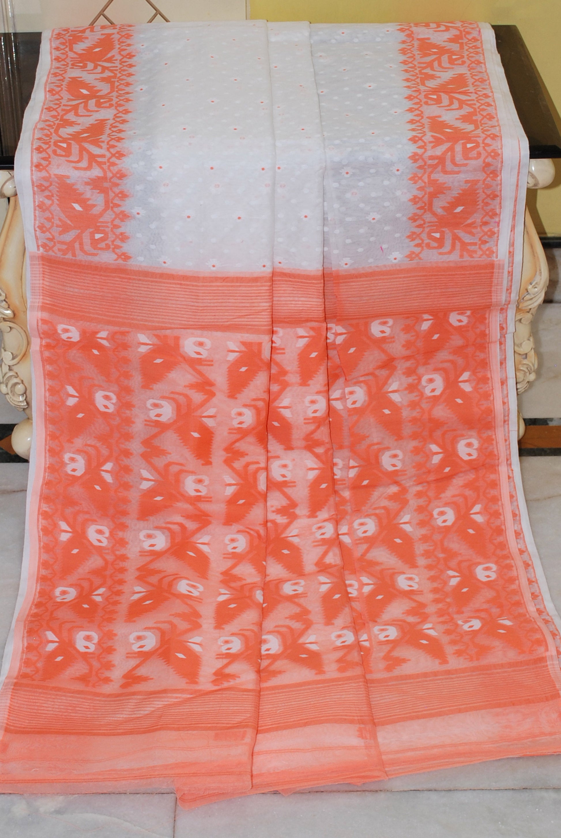 Sholapuri Contrast Hand Karat Nakshi Work Cotton Muslin Jamdani Saree in White and Sherbet Orange