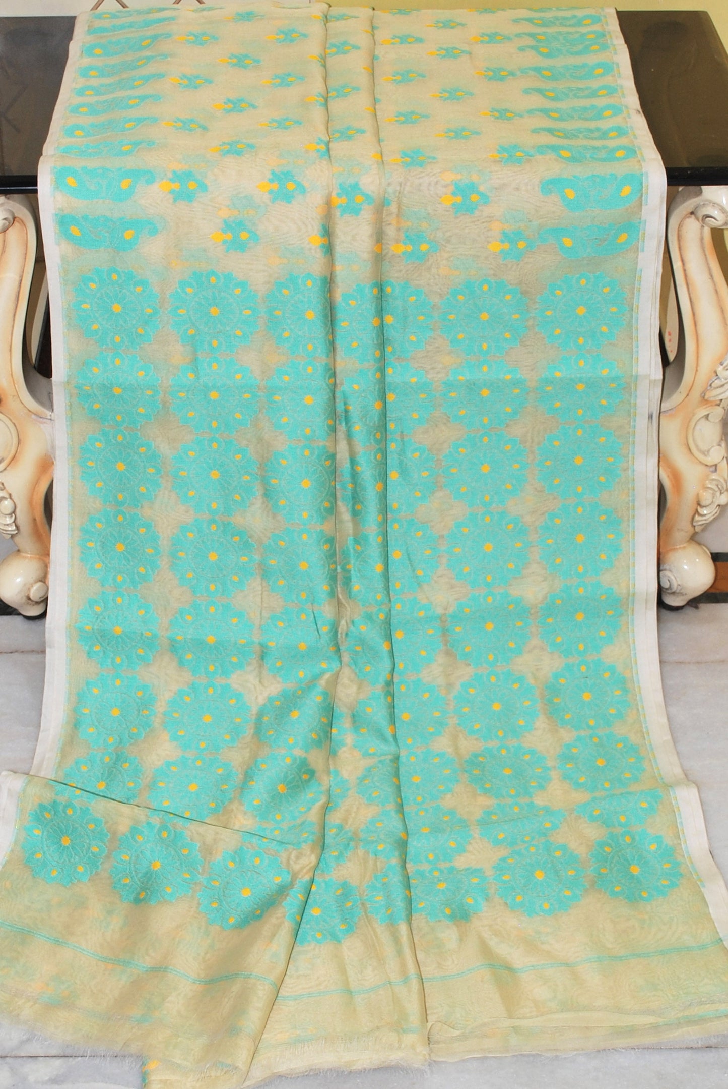 Exclusive Woven Nakshi Work Soft Dhakai Jamdani Saree in Beige, Turquoise and Yellow