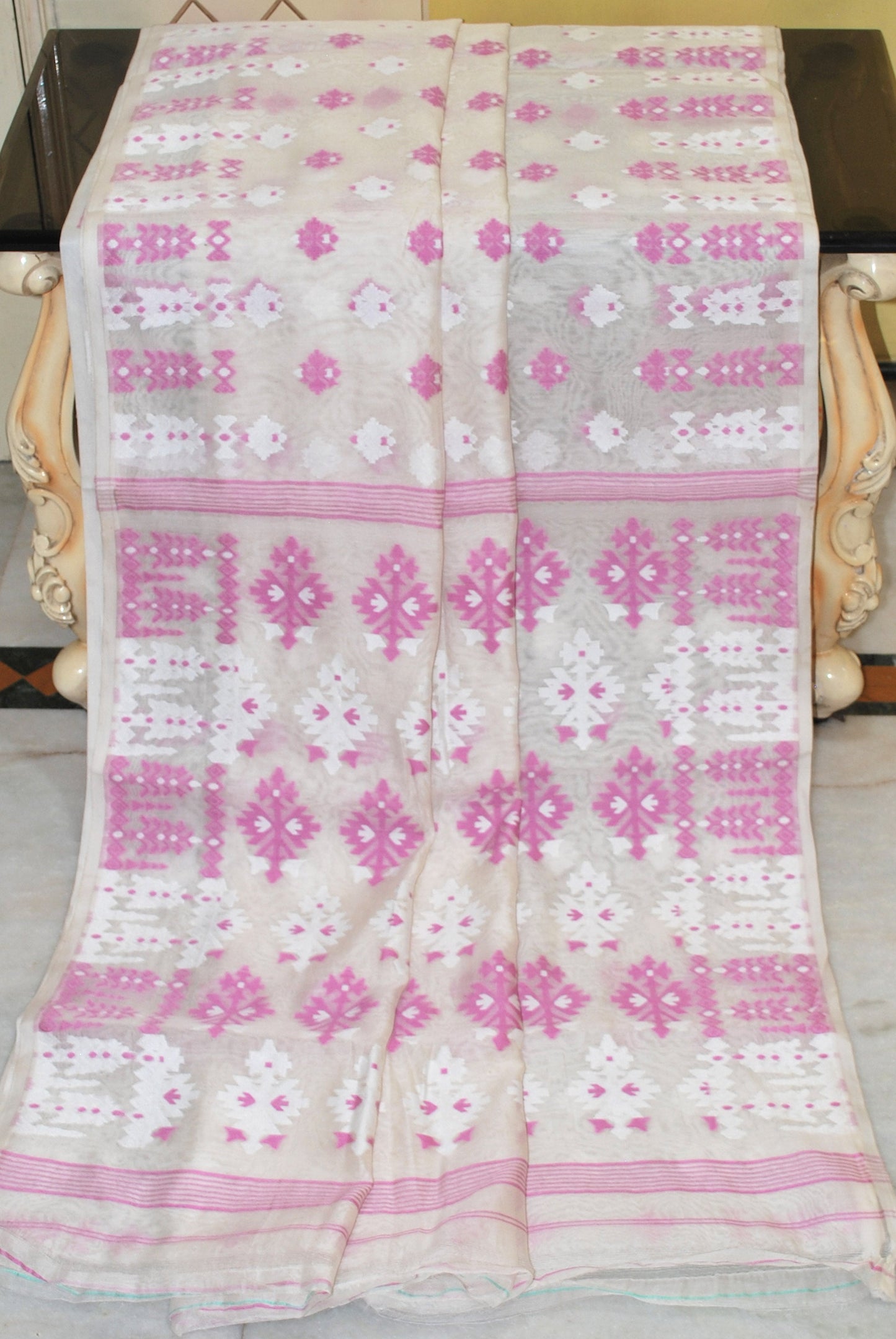 Woven Nakshi Work Soft Muslin Jamdani Saree in Off White and Purple