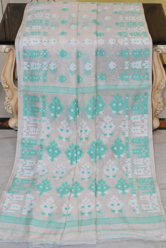 Woven Nakshi Work Soft Muslin Jamdani Saree in White and Mint Green