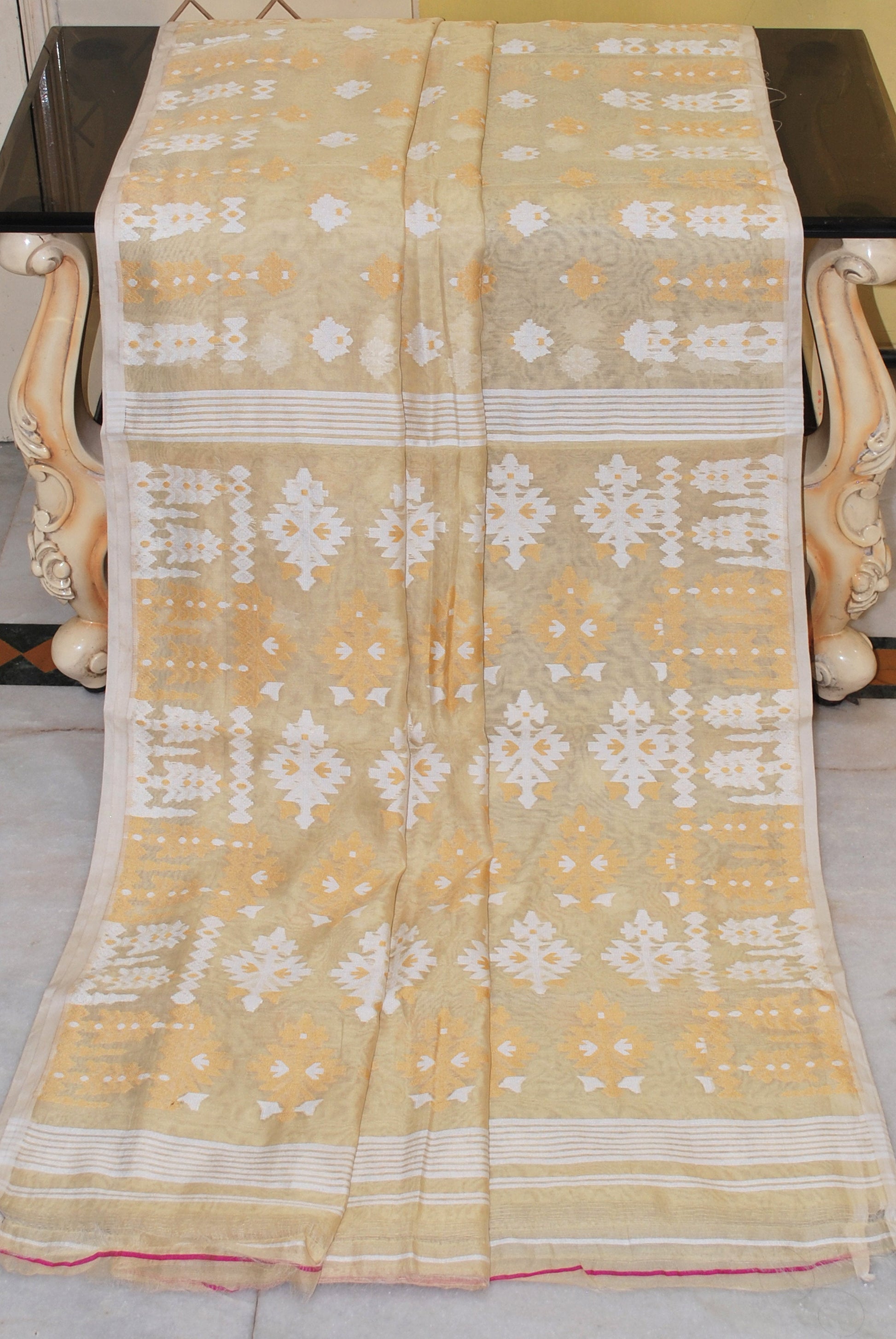 Woven Nakshi Work Soft Muslin Jamdani Saree in Beige, Biscotti and Off White