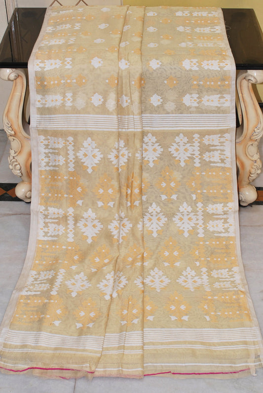 Woven Nakshi Work Soft Muslin Jamdani Saree in Beige, Biscotti and Off White