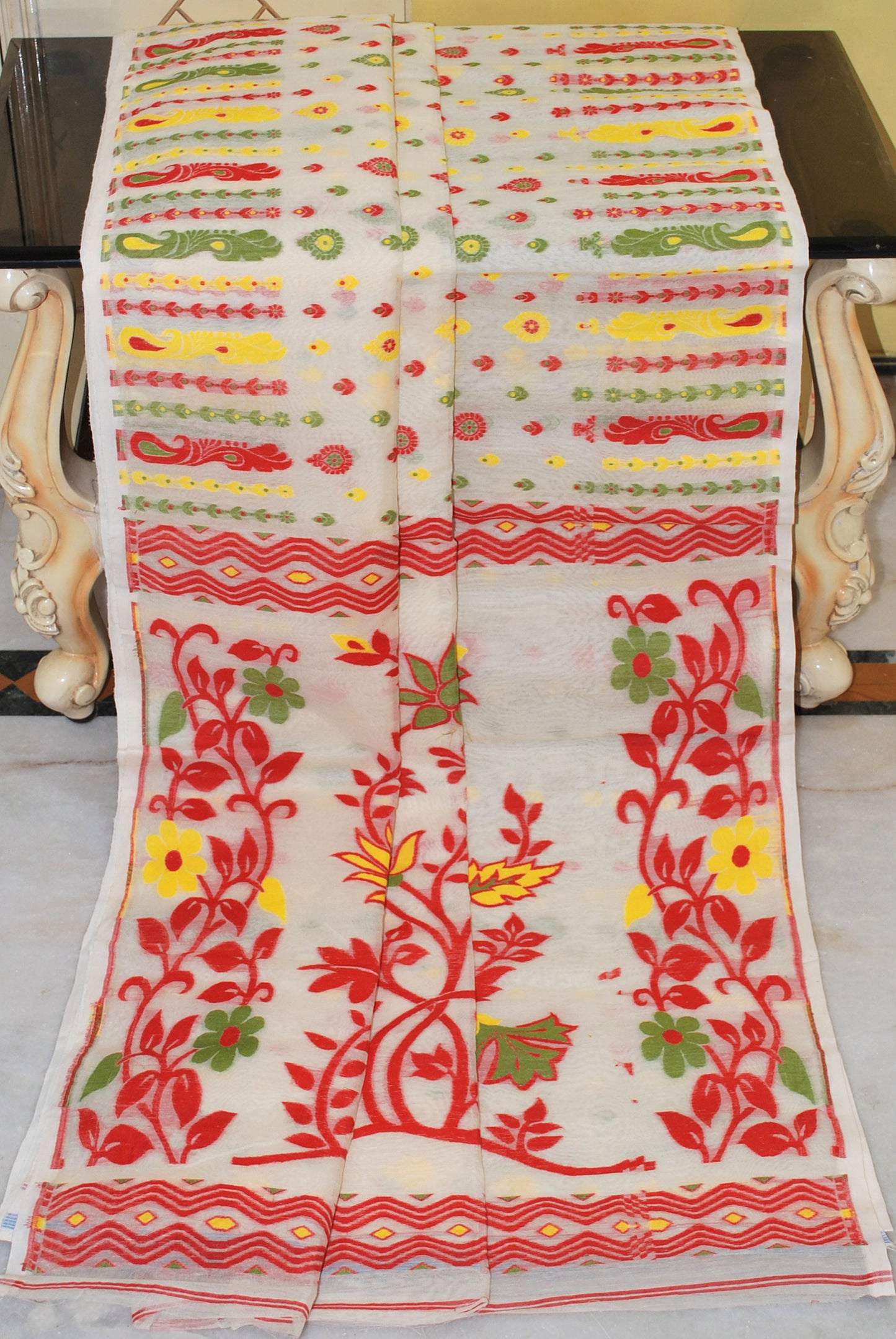 Cotton Muslin Jamdani Saree in Off White, Red and Multicolored