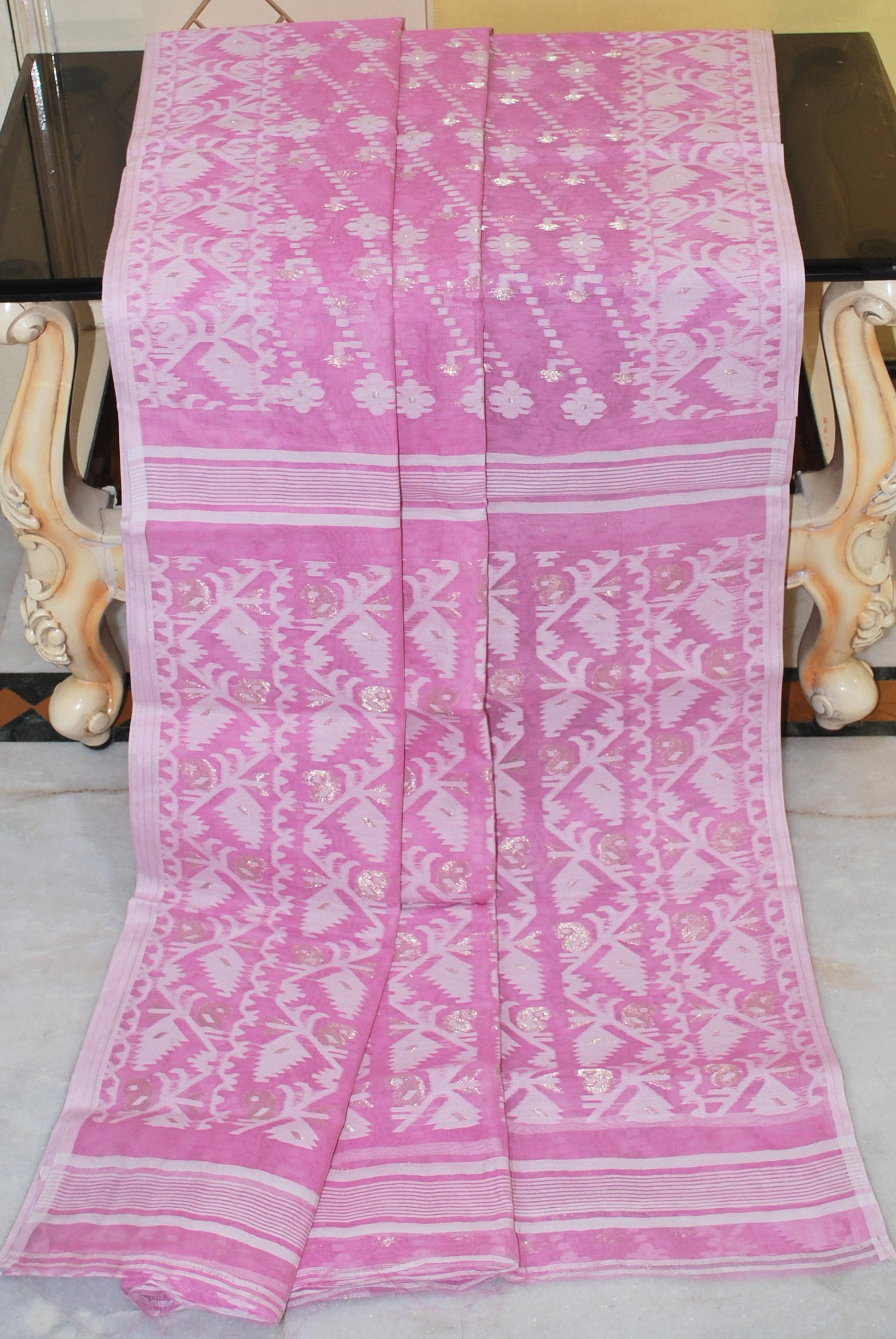 Floral Nakshi Jaal Work Jamdani Saree in Light Pink Off White and Gold Zari Work