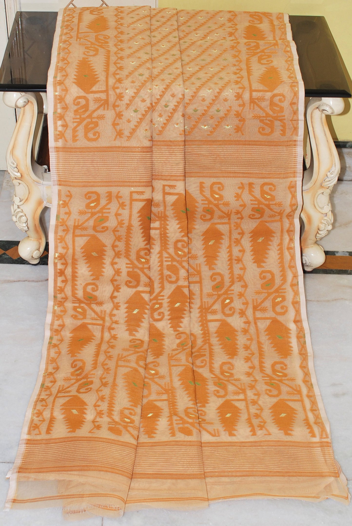 Traditional Karat Work Cotton Muslin Jamdani Saree in Beige, Brown and Gold